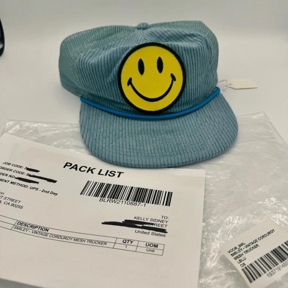 Aviator Nation Blue Corduroy Trucker Hat with Yellow Smiley Patch